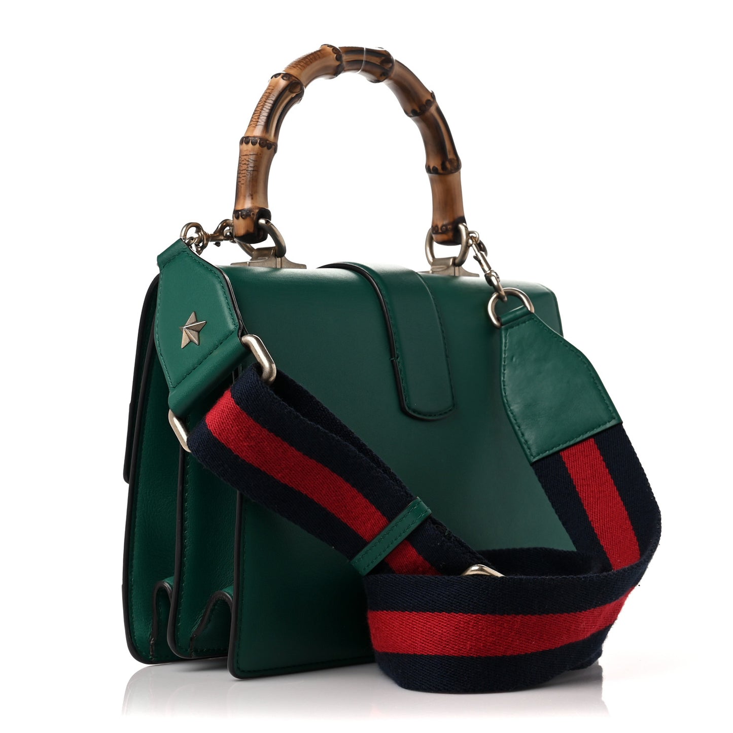 Moon Calfskin Web Medium Dionysus Bamboo Top Handle Bag Emerald Blue Hibiscus Red