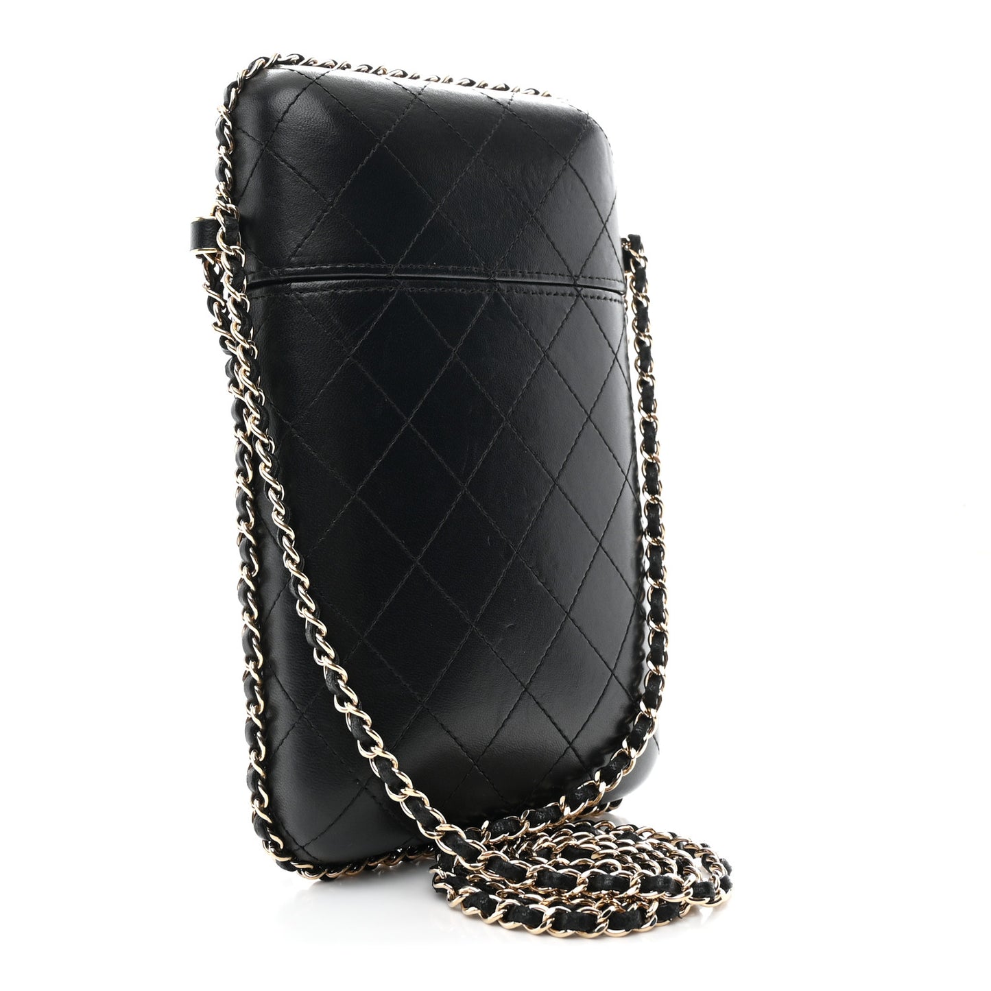 Lambskin Quilted Chain Around Phone Holder Black