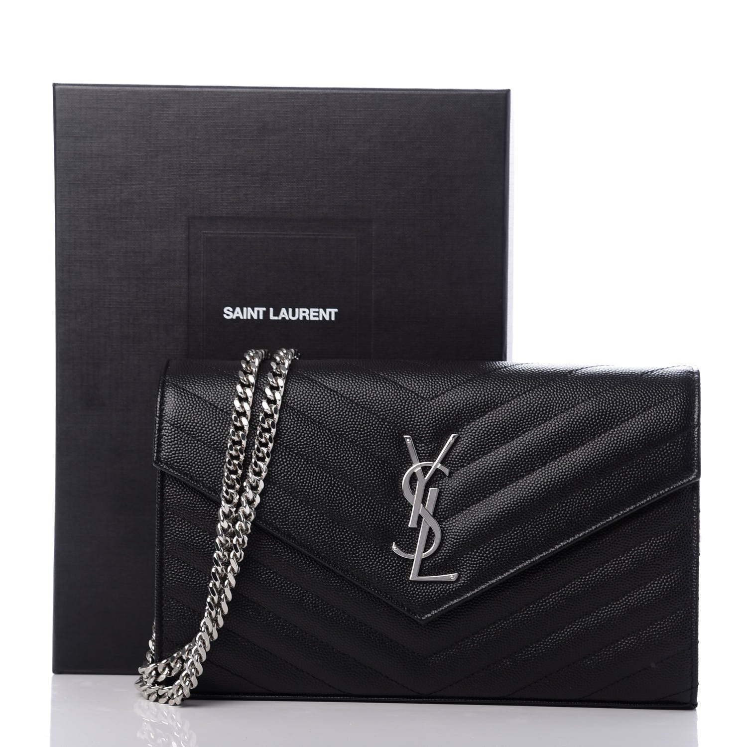 Saint Laurent Grain De Poudre Matelasse Chevron Monogram Chain Wallet Black 10 of 10