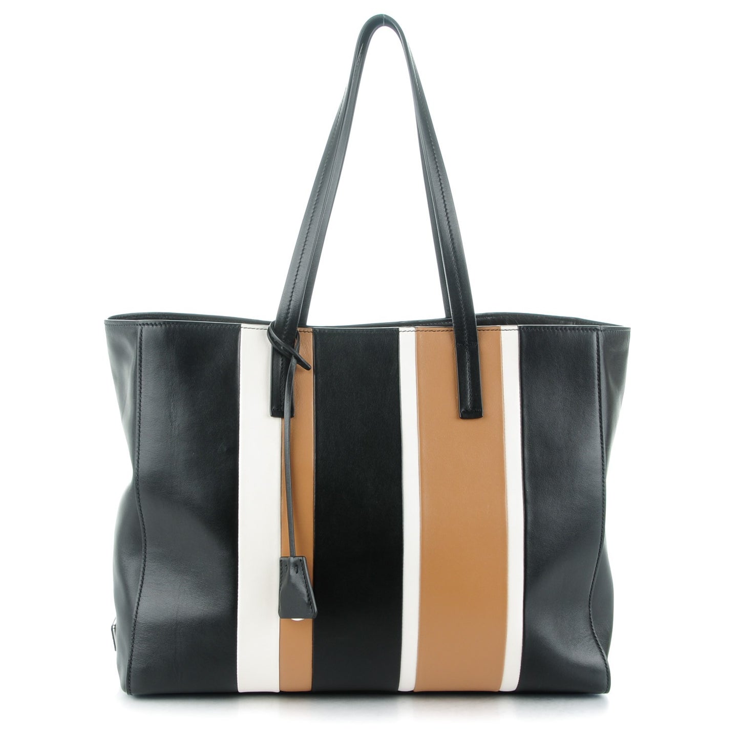 Calfskin Baiadera Striped Shopping Tote Black Caramel White