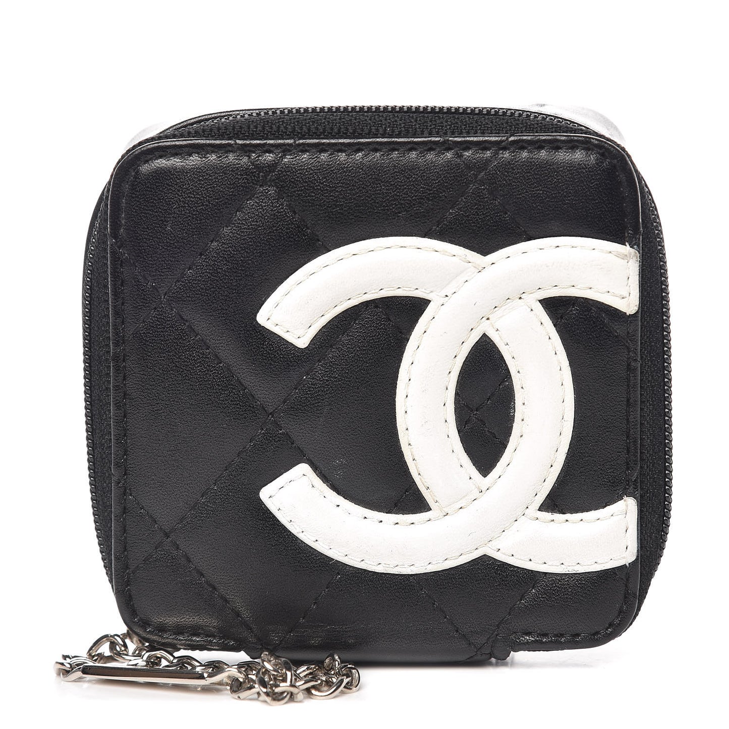 Calfskin Quilted Cambon Zip Around Makeup Pouch Black White