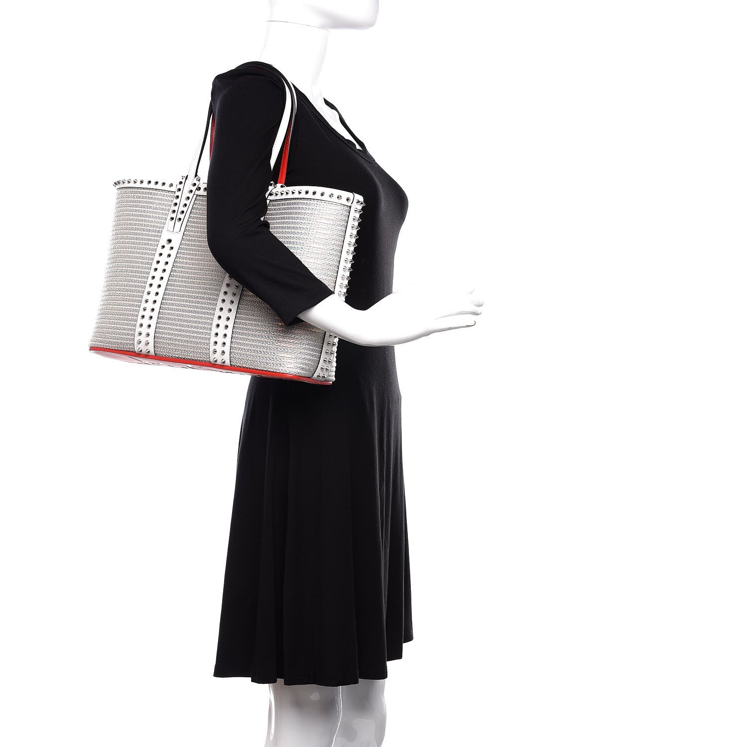 Christian Louboutin Calfskin Metallic Straw Spikes East West Cabata Tote White 2 of 9