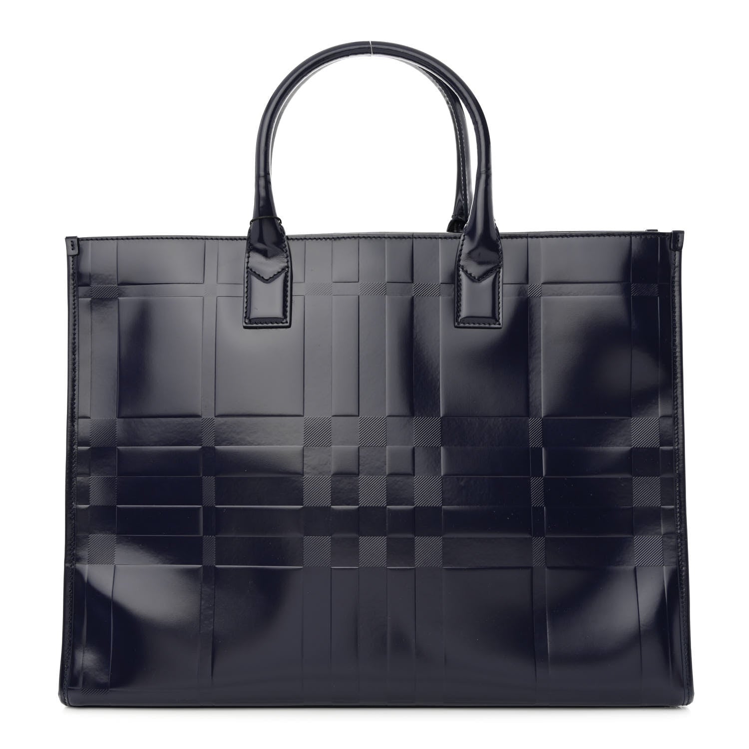 Burberry Patent Calfskin Denny Check Embossed Tote Charcoal Blue 1 of 14