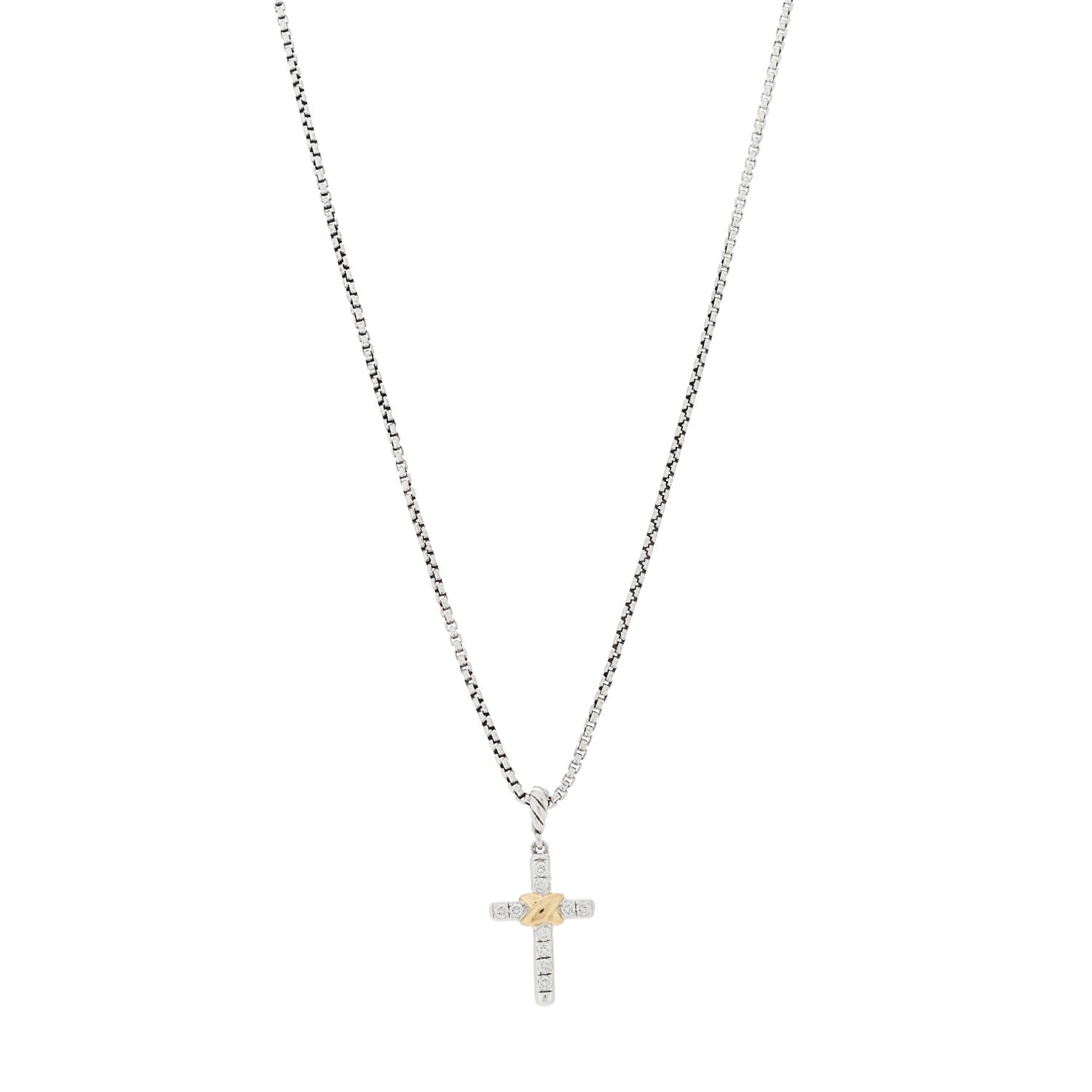 David Yurman Sterling Silver 18K Yellow Gold Diamond Petite Cross Pendant Necklace 1 of 5