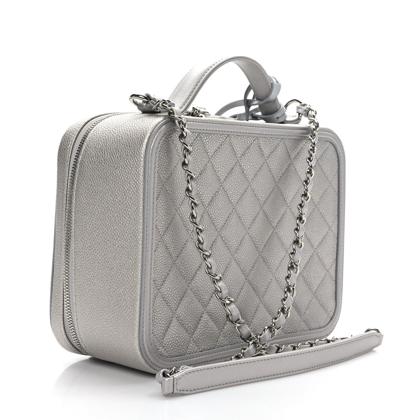 Metallic Caviar Quilted Large CC Filigree Vanity Case Silver