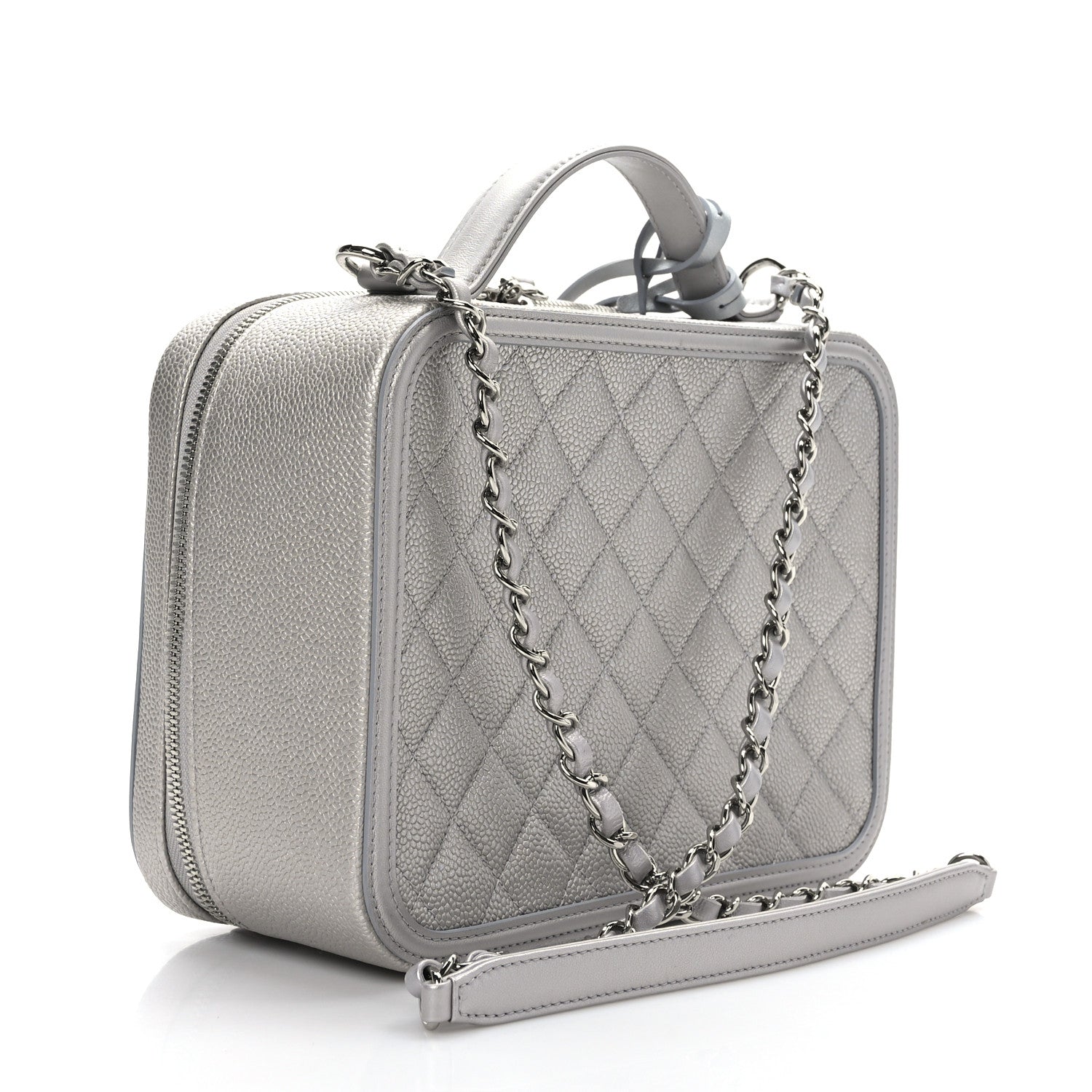 Chanel Metallic Caviar Quilted Large CC Filigree Vanity Case Silver 3 of 10