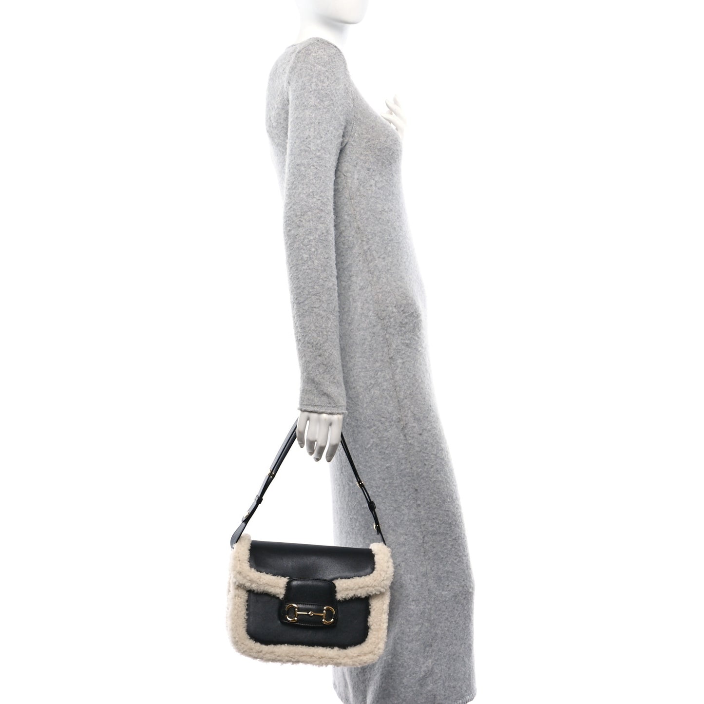 Sakai Be Green Calfskin Shearling Horsebit 1955 Shoulder Bag Black