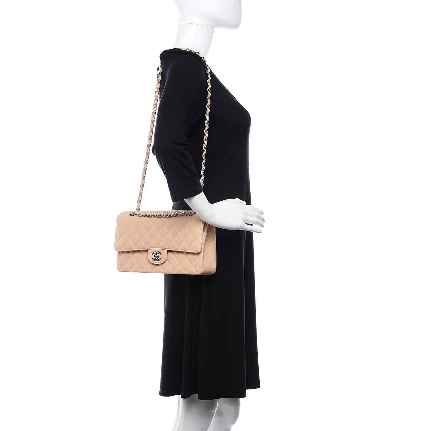 Caviar Quilted Medium Double Flap Beige Clair