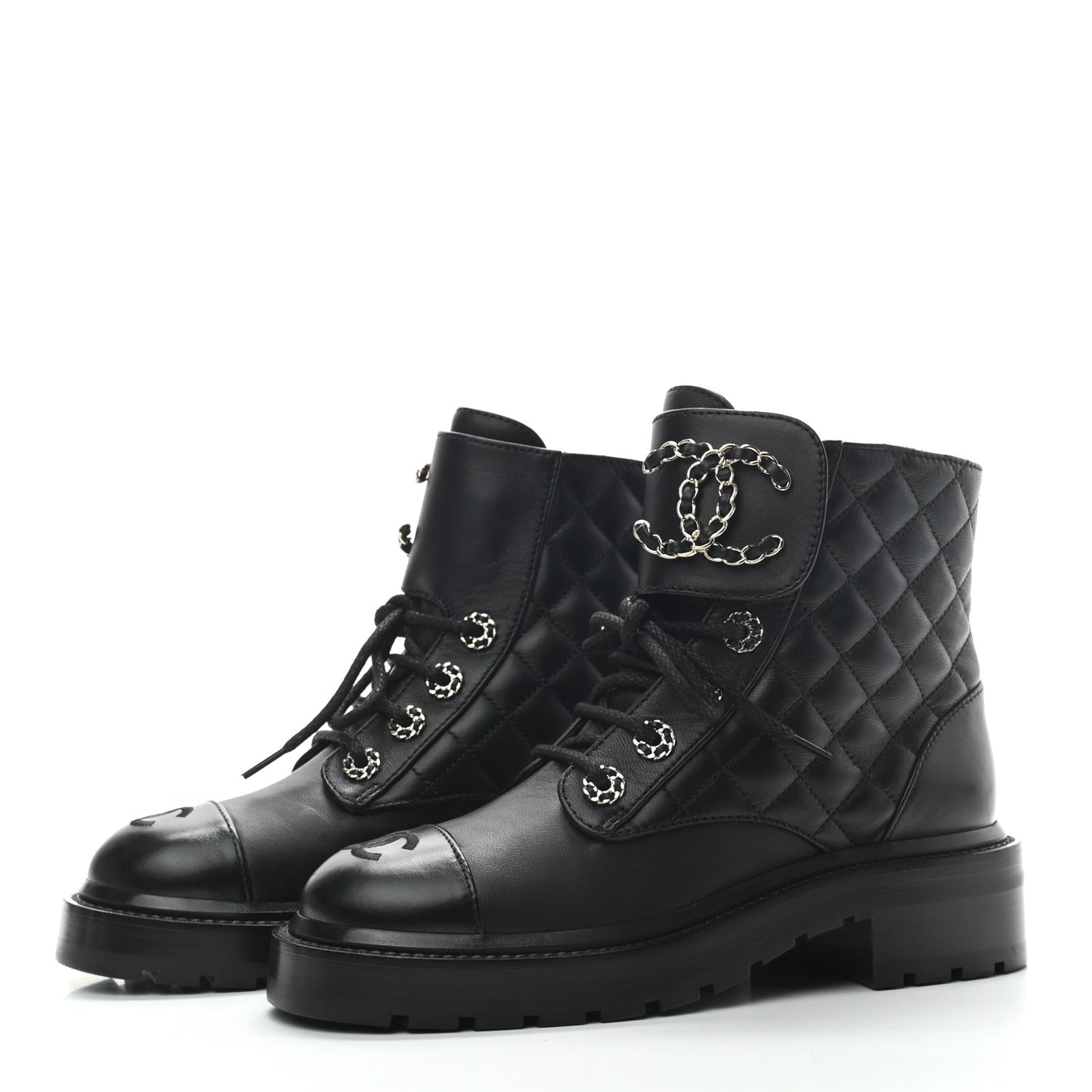 Lambskin Calfskin Quilted Lace Up Combat Boots 35 Black