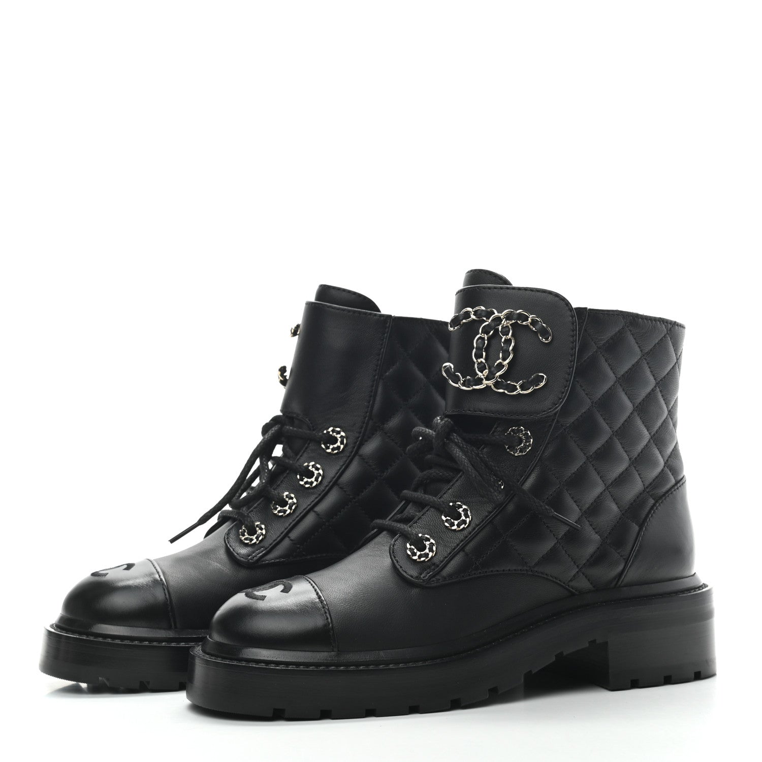Chanel Lambskin Calfskin Quilted Lace Up Combat Boots 35 Black 3 of 7