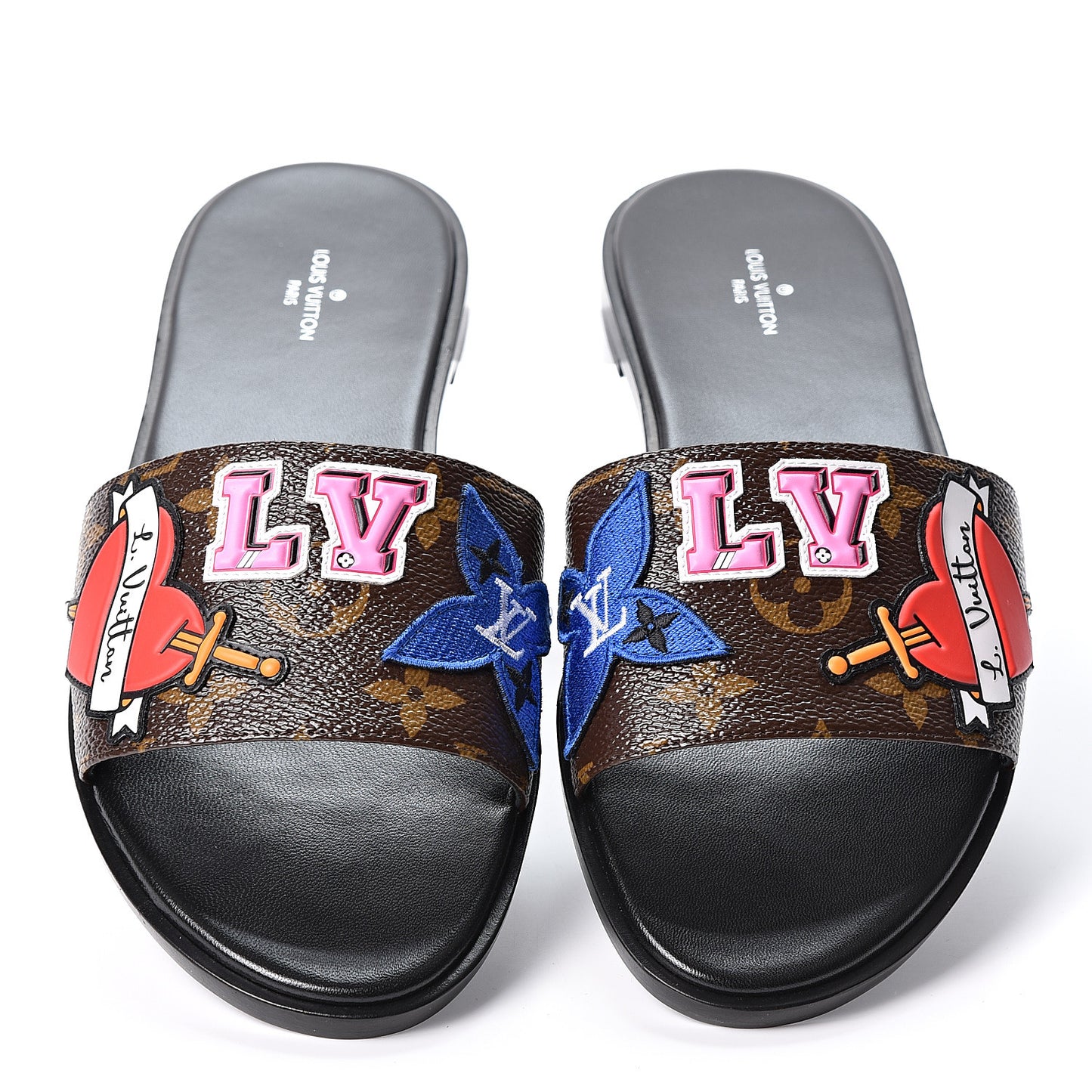Patent Calfskin Monogram LV Black Heart Flat Mules 38 Cacao