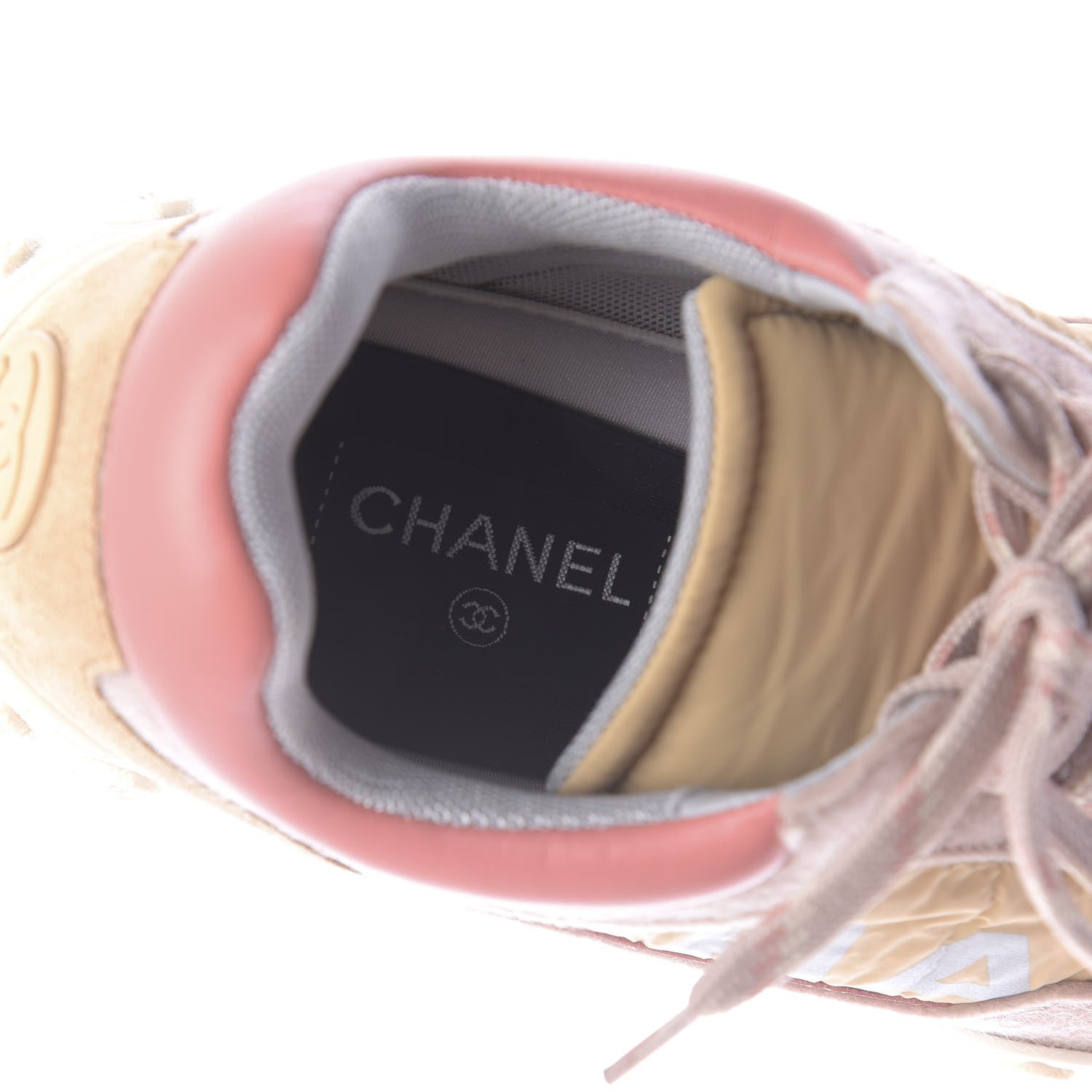 Chanel Nylon Calfskin Suede Womens CC Sneakers 38 Beige Pink 8 of 11