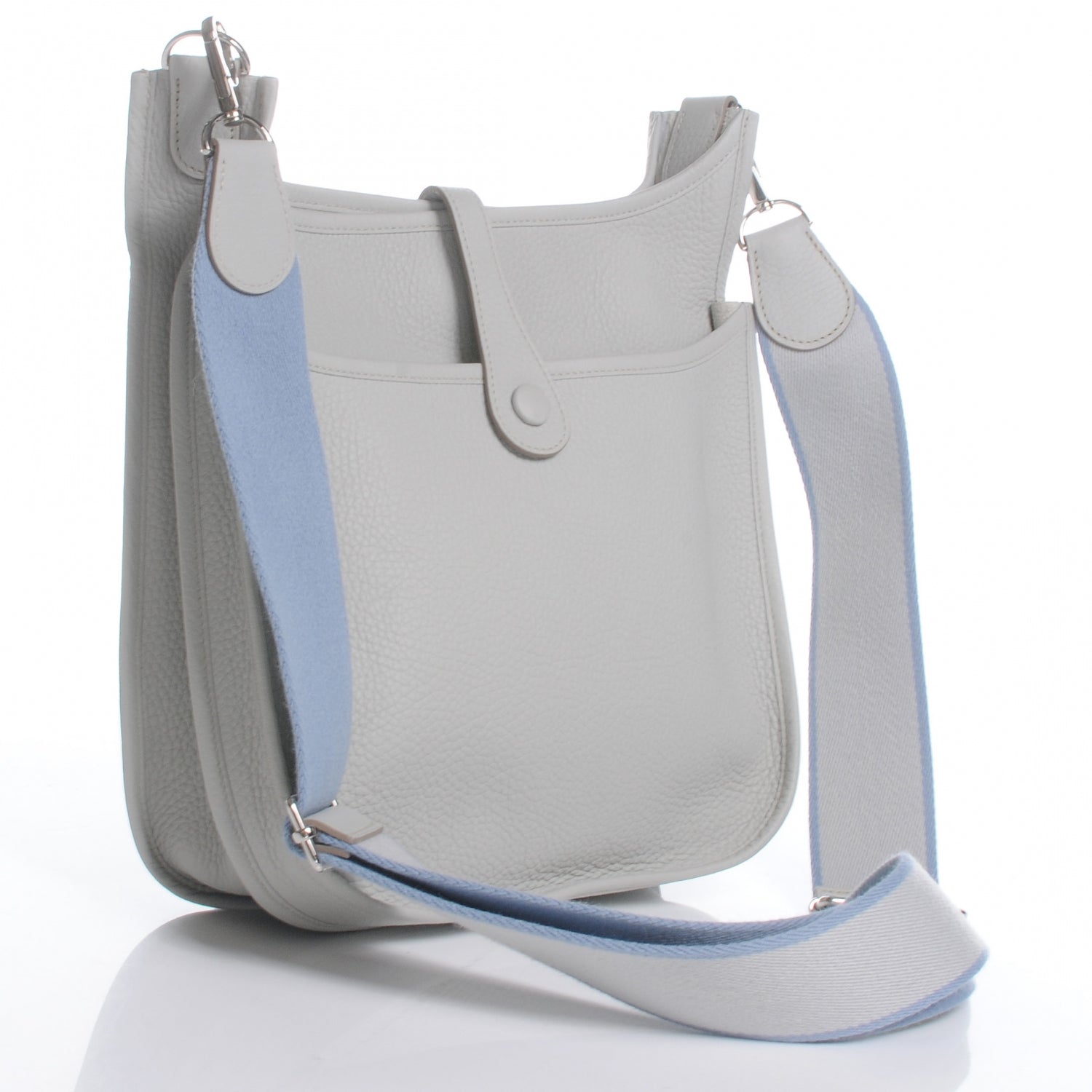 Hermes Taurillon Clemence Evelyne III PM Gris Perle w Bleu Lin Strap NEW 3 of 8