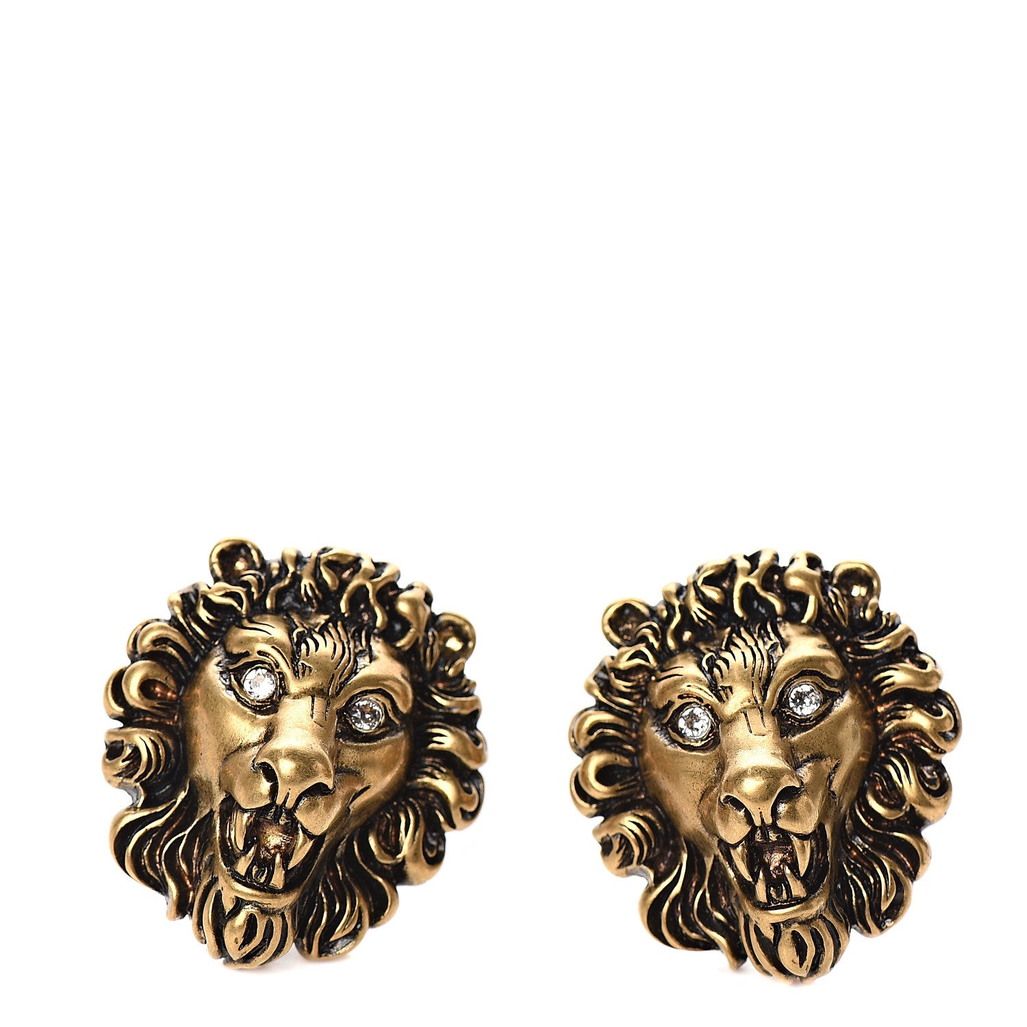 Gucci Metal Crystal Lion Clip On Earrings Aged Gold 1 of 4