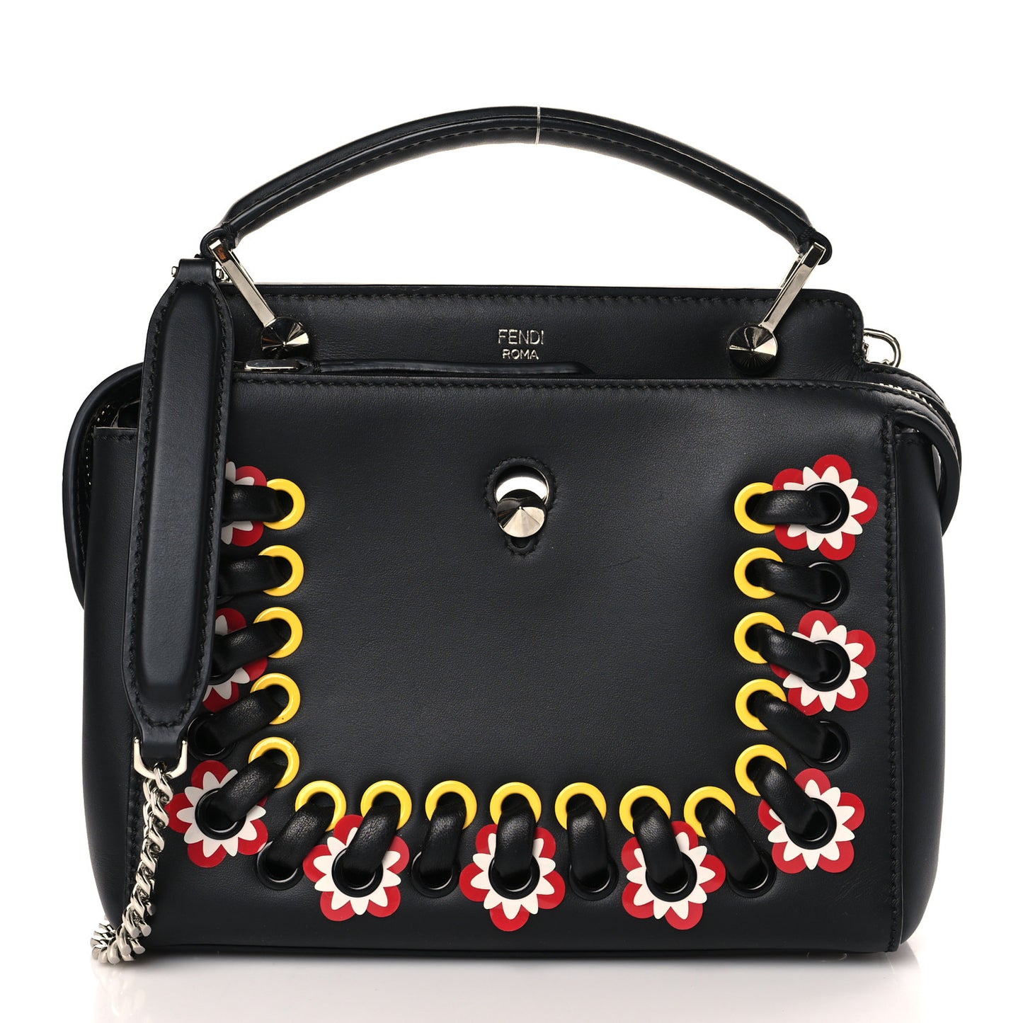 Vitello Baltico Shiny Nappa Lace Up Floral Small Dotcom Click Chain Satchel Black