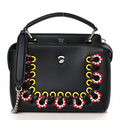 Fendi Vitello Baltico Shiny Nappa Lace Up Floral Small Dotcom Click Chain Satchel Black 3 of 11