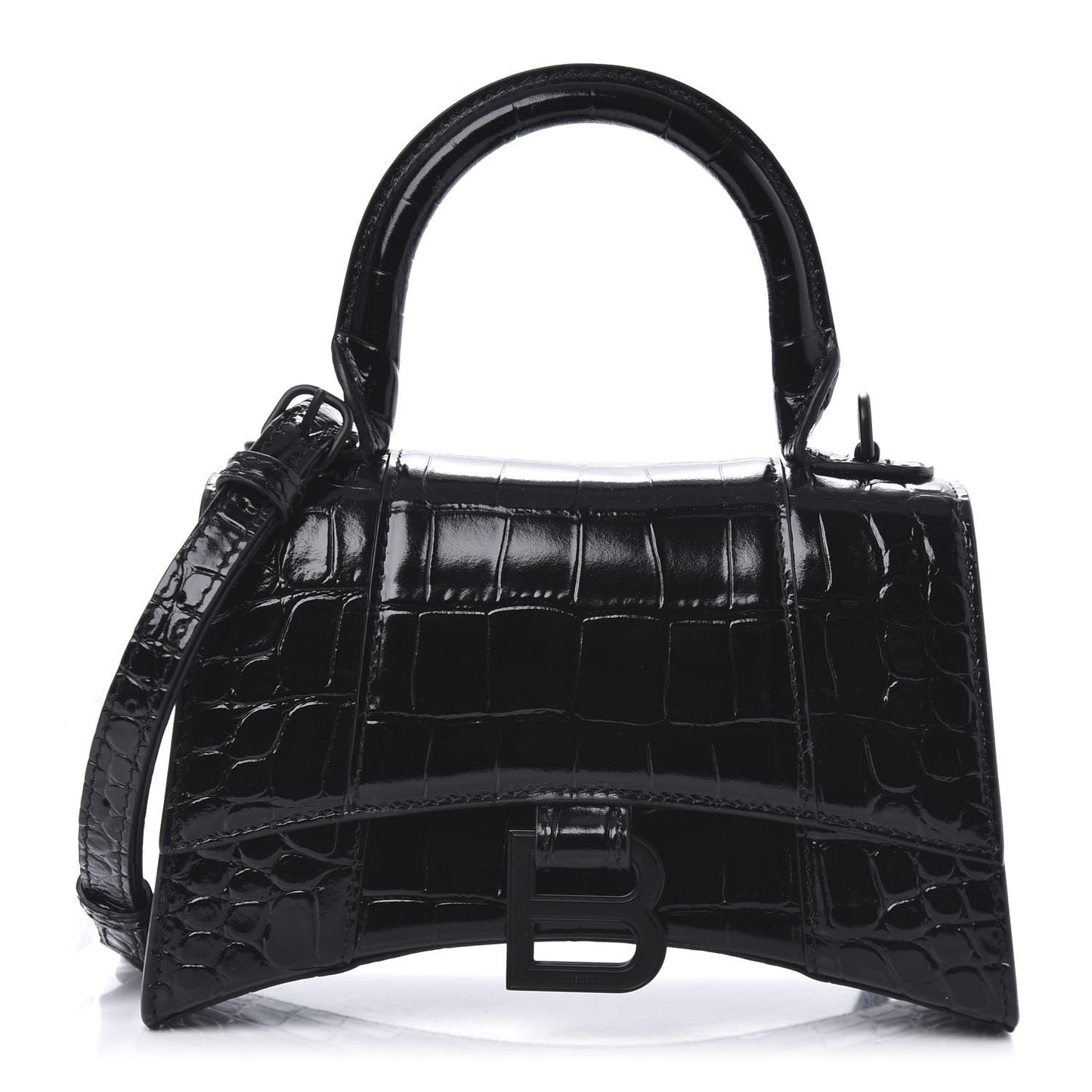 Shiny Calfskin Monochrome Crocodile Embossed Hourglass Top Handle Bag XS Black