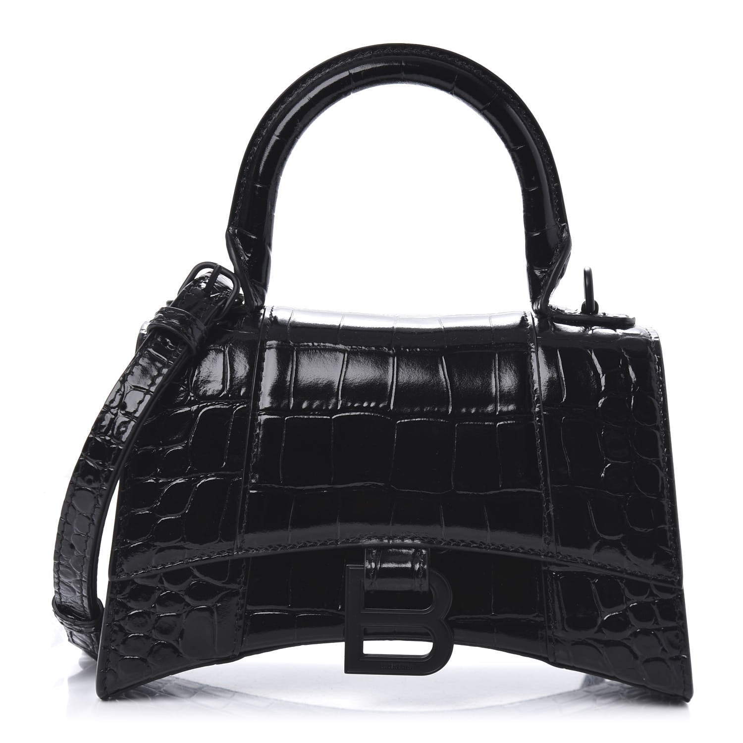 Balenciaga Shiny Calfskin Monochrome Crocodile Embossed Hourglass Top Handle Bag XS Black 1 of 9