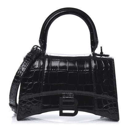 Balenciaga Shiny Calfskin Monochrome Crocodile Embossed Hourglass Top Handle Bag XS Black 1 of 9
