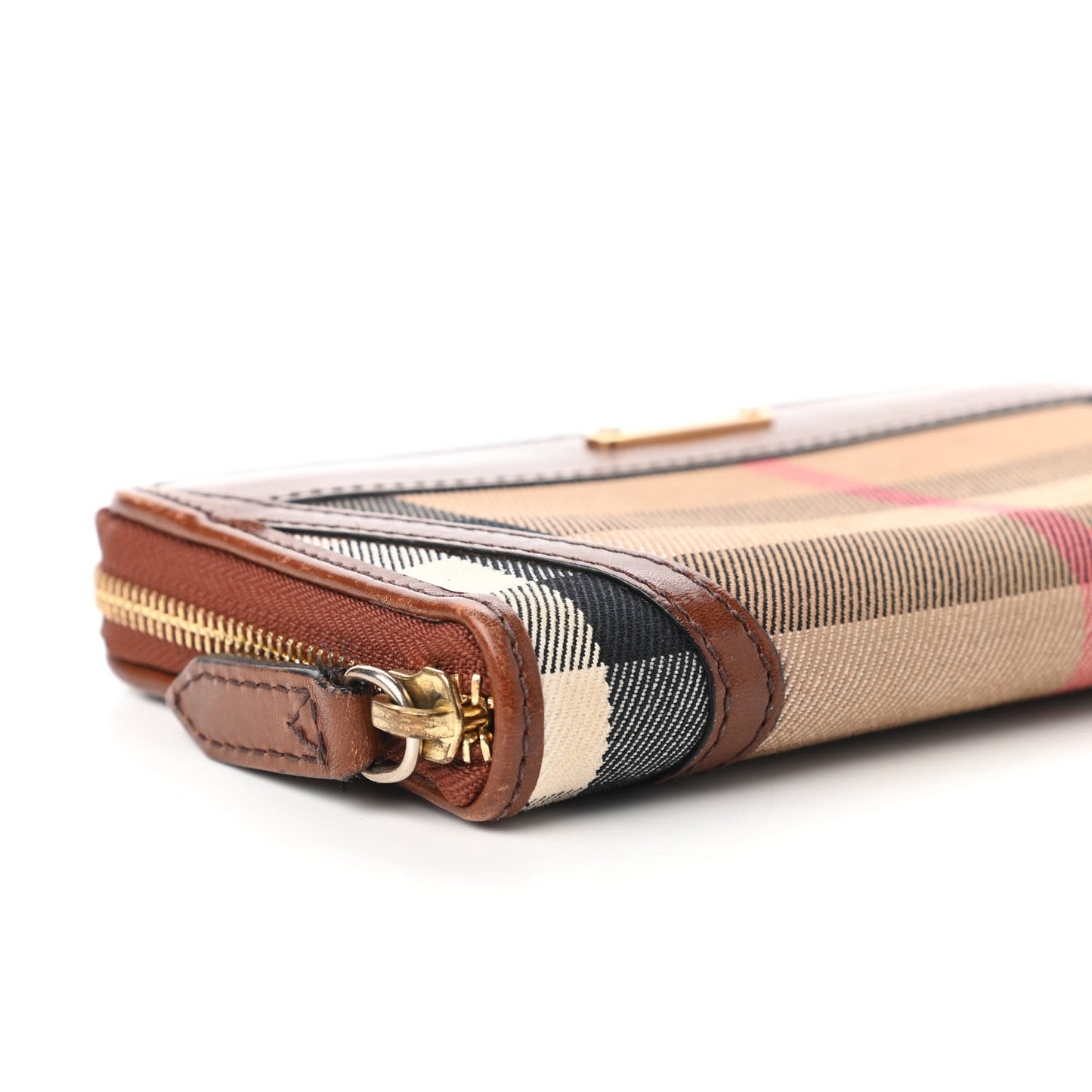 House Check Bridle Calfskin Ziggy Zip Around Wallet Dark Tan