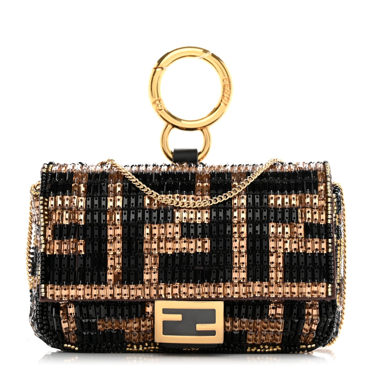 Crystal Vitello King FF Beaded Nano Baguette Charm Moro Black
