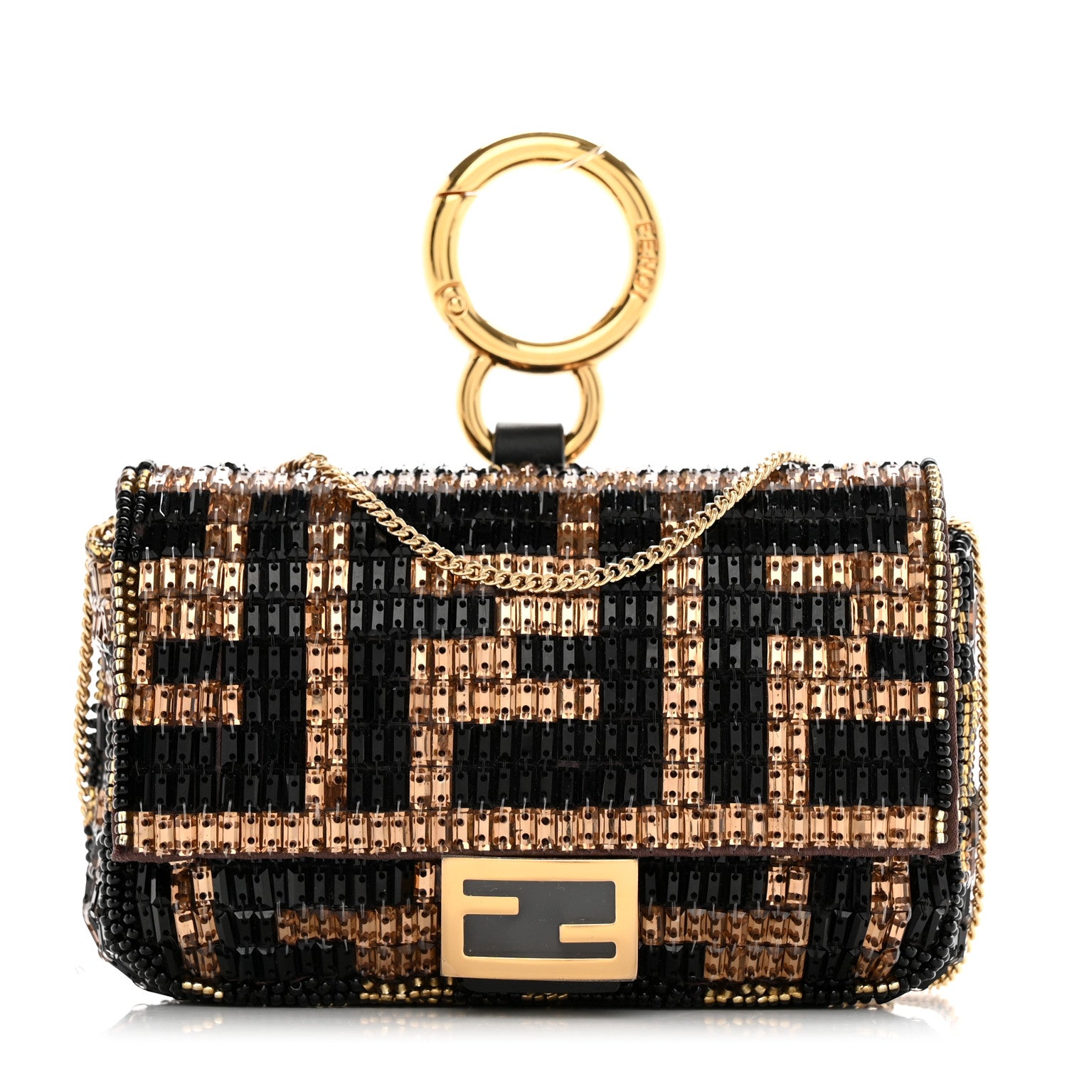 Fendi Crystal Vitello King FF Beaded Nano Baguette Charm Moro Black 1 of 11