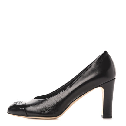 Chanel Crumpled Calfskin Patent Cap Toe CC Pumps 36.5 Black 1 of 8