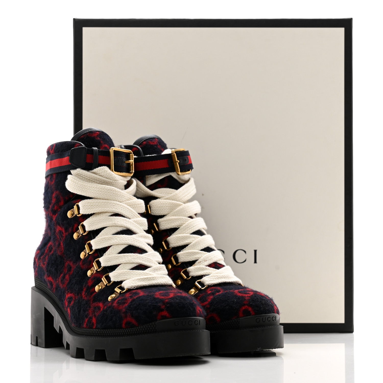 Gucci Covered Wool Big GG Monogram Womens Lace Up Combat Ankle Boots 39.5 Blue Red 11 of 11