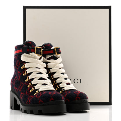 Gucci Covered Wool Big GG Monogram Womens Lace Up Combat Ankle Boots 39.5 Blue Red 11 of 11