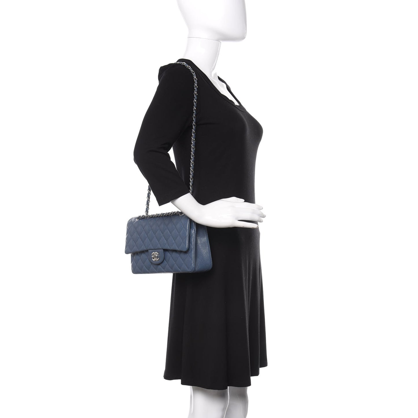 Caviar Quilted Medium Double Flap Dark Blue