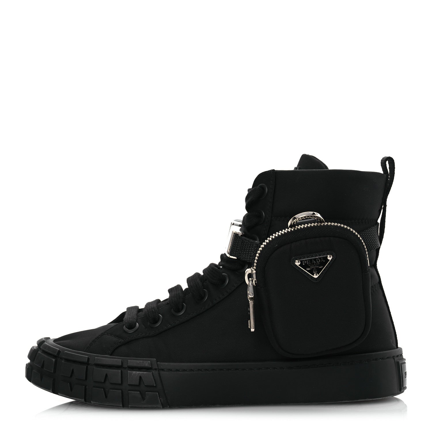 Prada Re-Nylon Gabardine Triangle Womens Wheel Pouch Pocket High Top Sneakers 39 Black 1 of 17