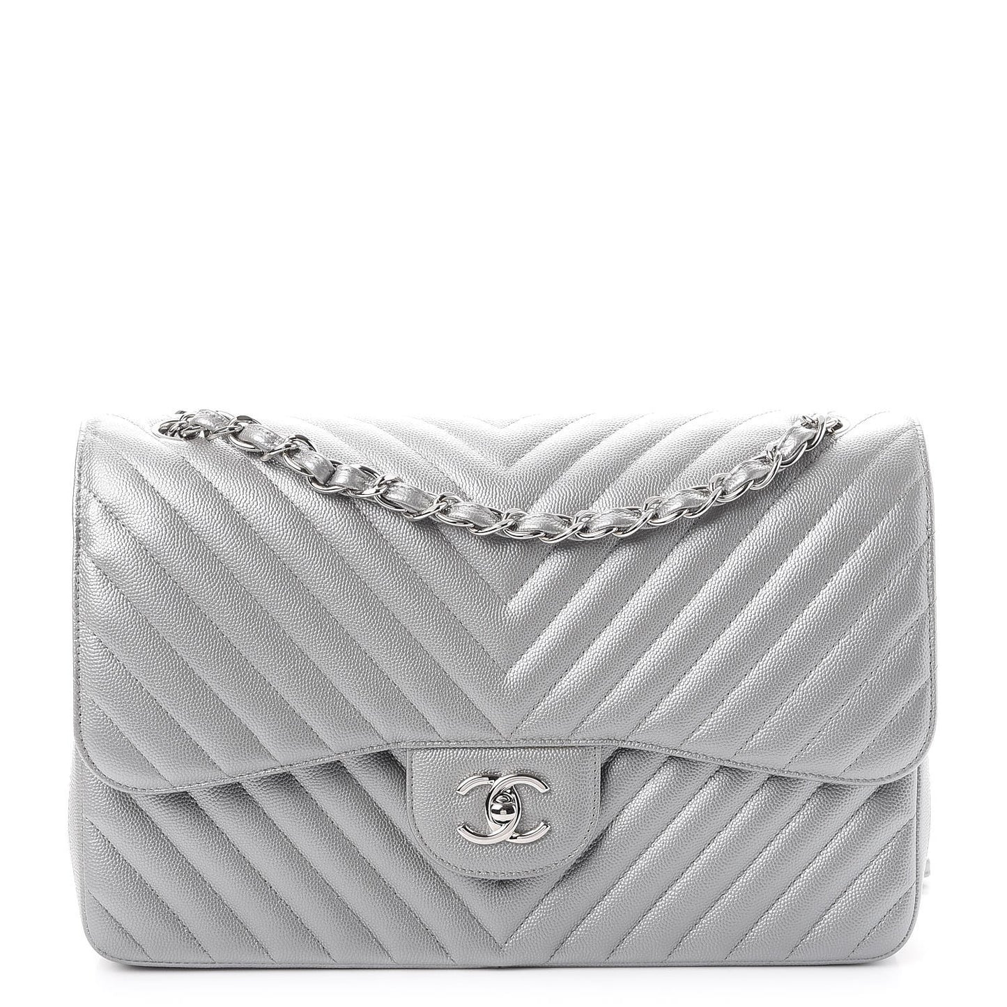 Caviar Chevron Quilted Jumbo Double Silver