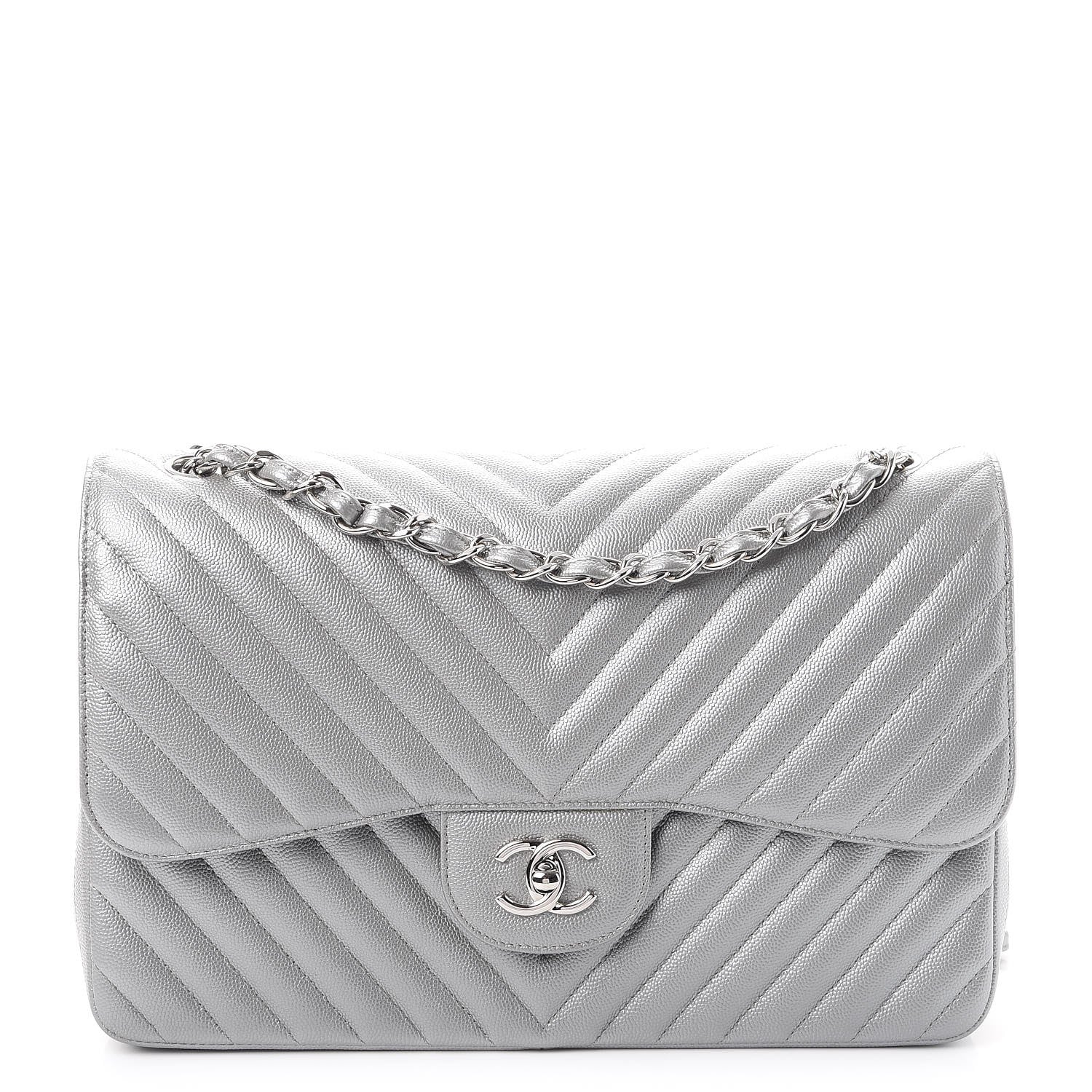 Chanel Caviar Chevron Quilted Jumbo Double Silver 1 of 11