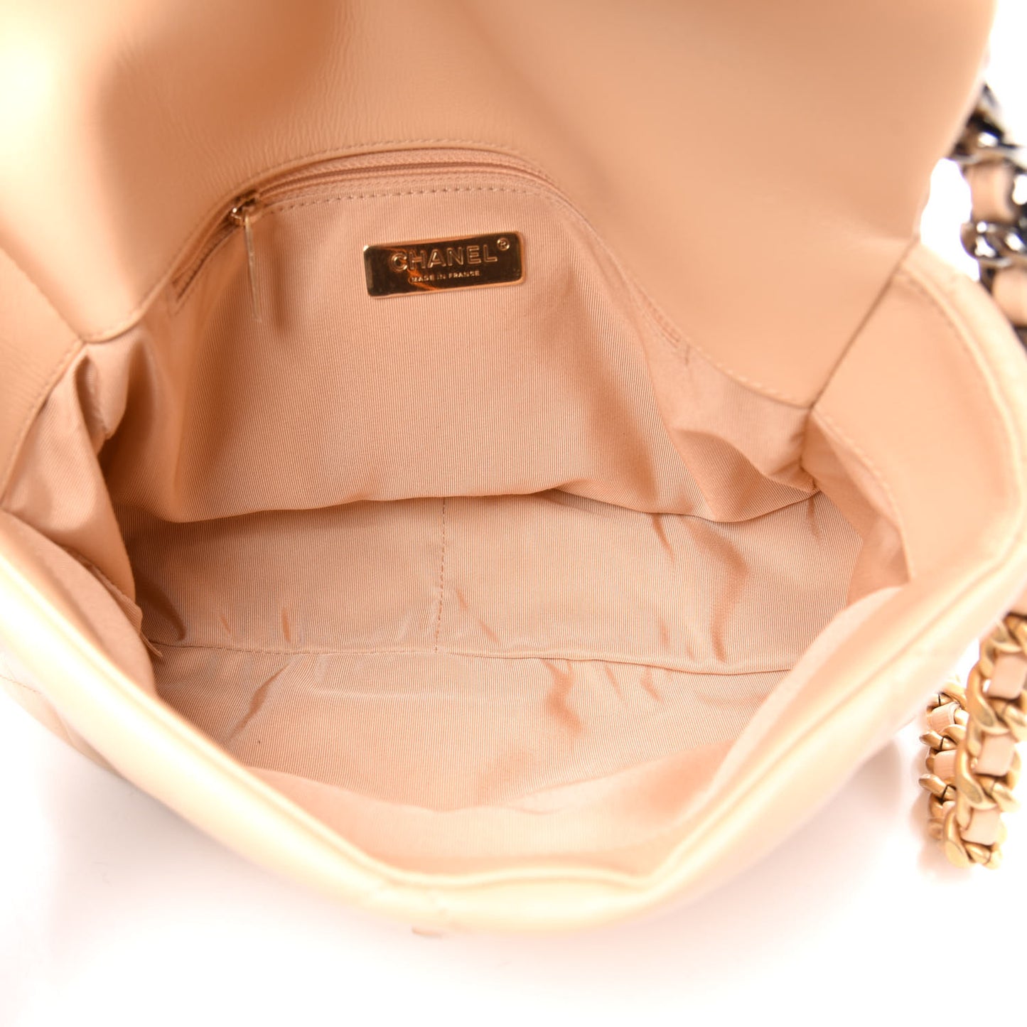 Shiny Goatskin Quilted Large Chanel 19 Flap Beige