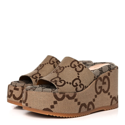 Gucci Monogram Jumbo GG Platform Slide Wedge Sandals 39 Camel Ebony 3 of 10