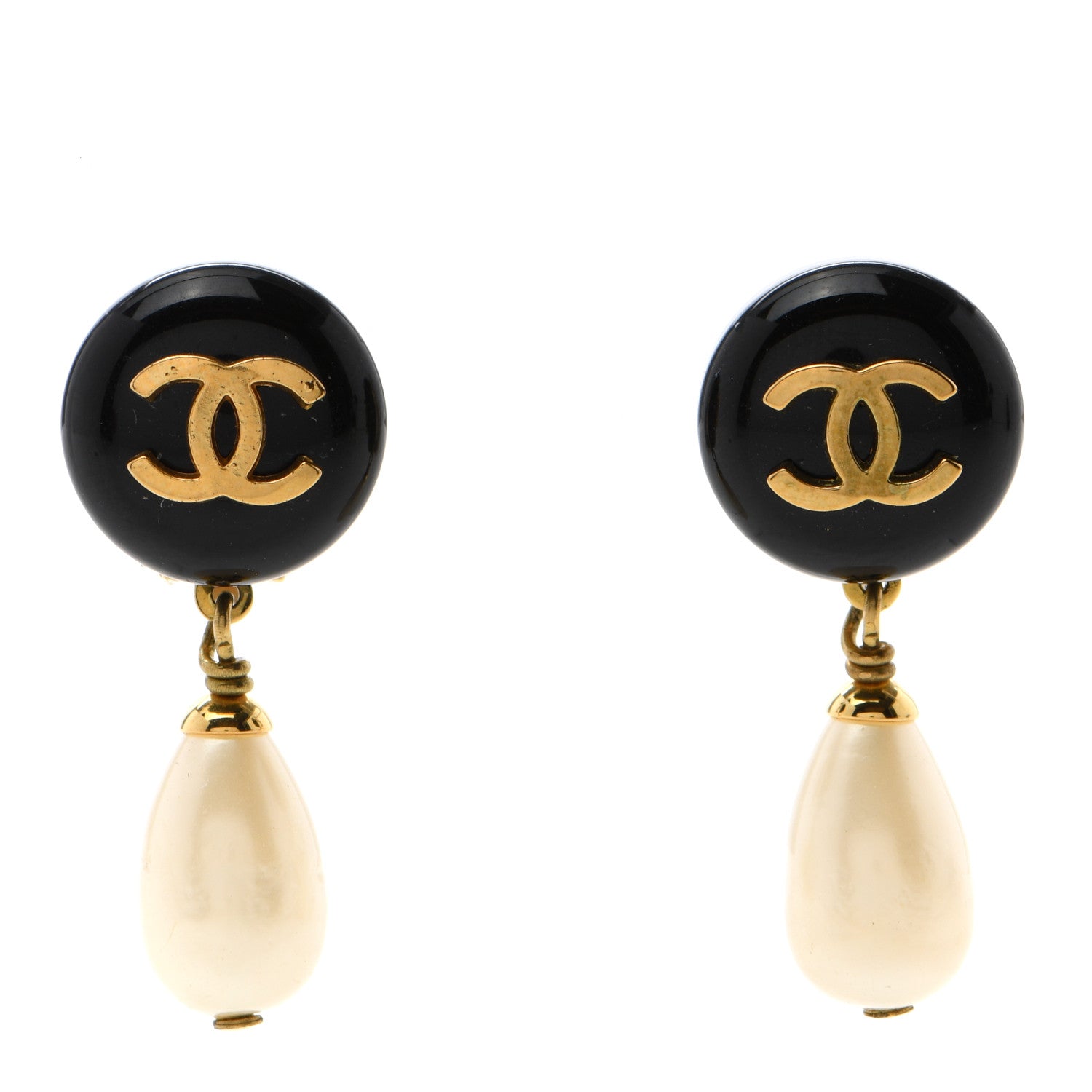 Chanel Resin Pearl CC Drop Clip On Earrings Gold Black White 1 of 4