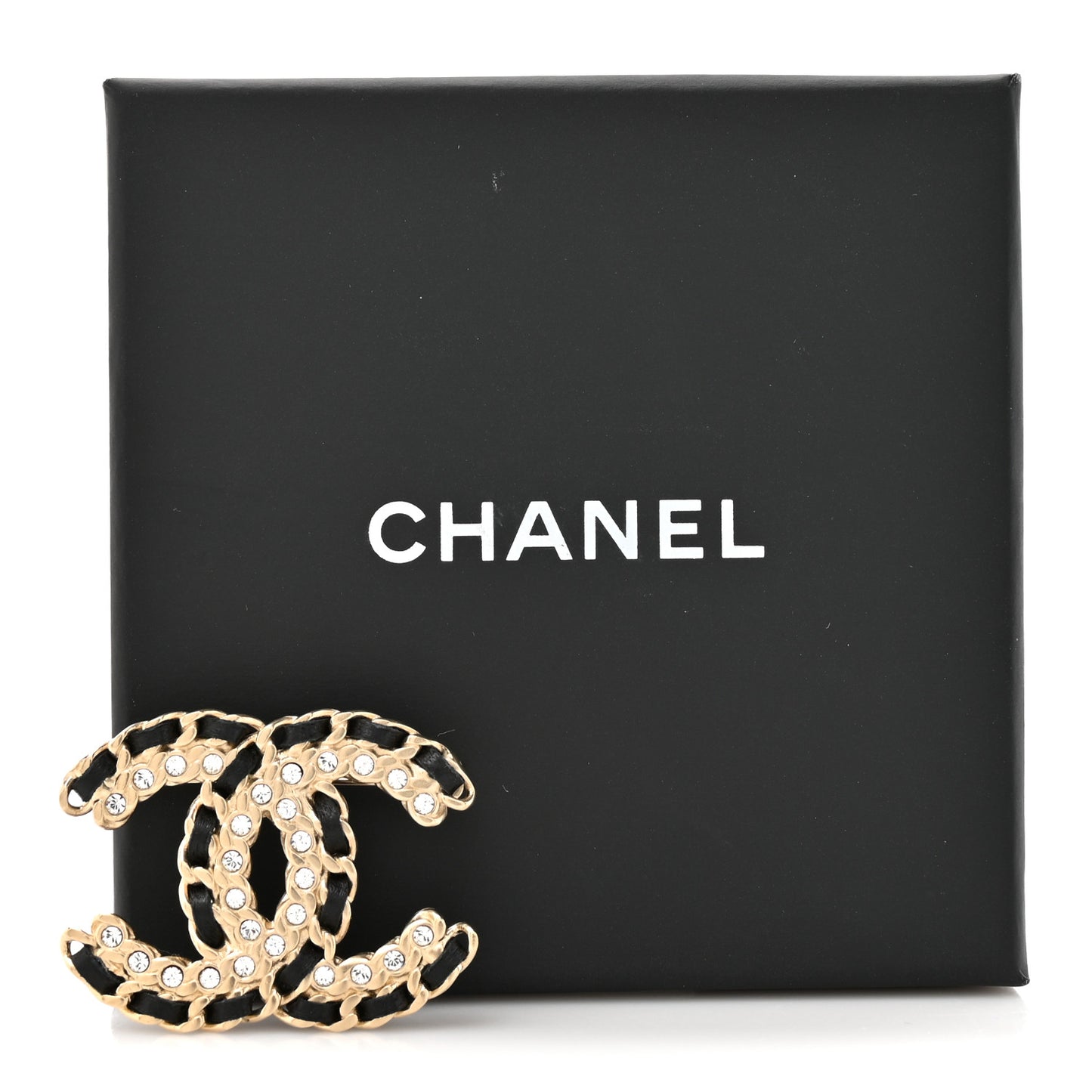 Lambskin Crystal Vintage Allure CC Chain Brooch Black Gold