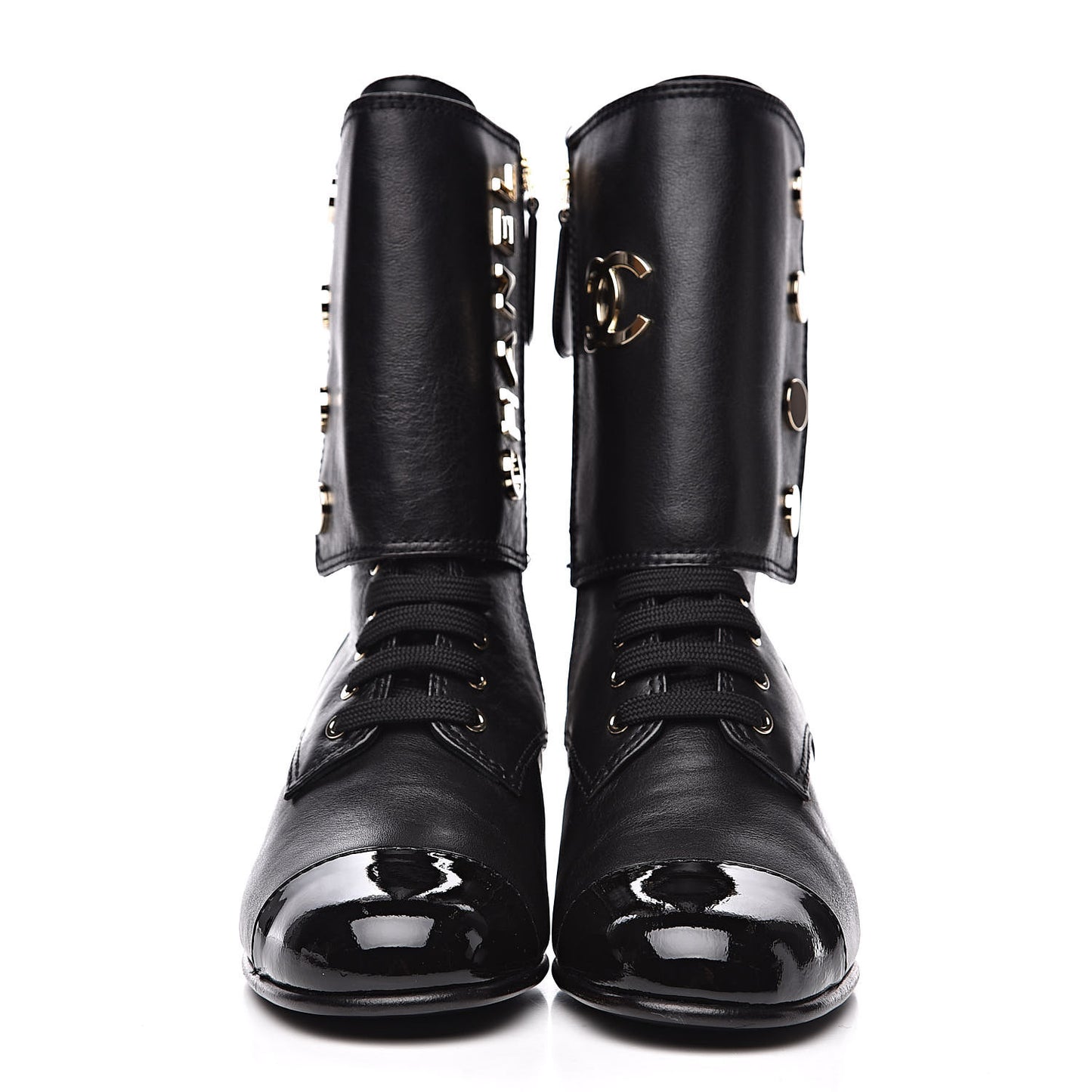 Calfskin Patent Cap Toe CC Lace Up Boots 37 Black