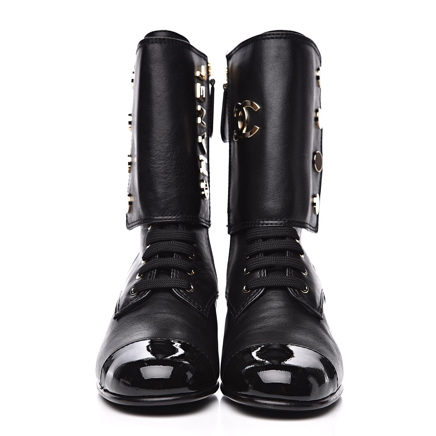 Chanel Calfskin Patent Cap Toe CC Lace Up Boots 37 Black 2 of 8