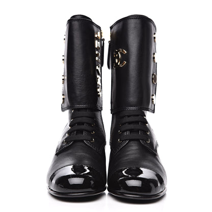 Chanel Calfskin Patent Cap Toe CC Lace Up Boots 37 Black 2 of 8