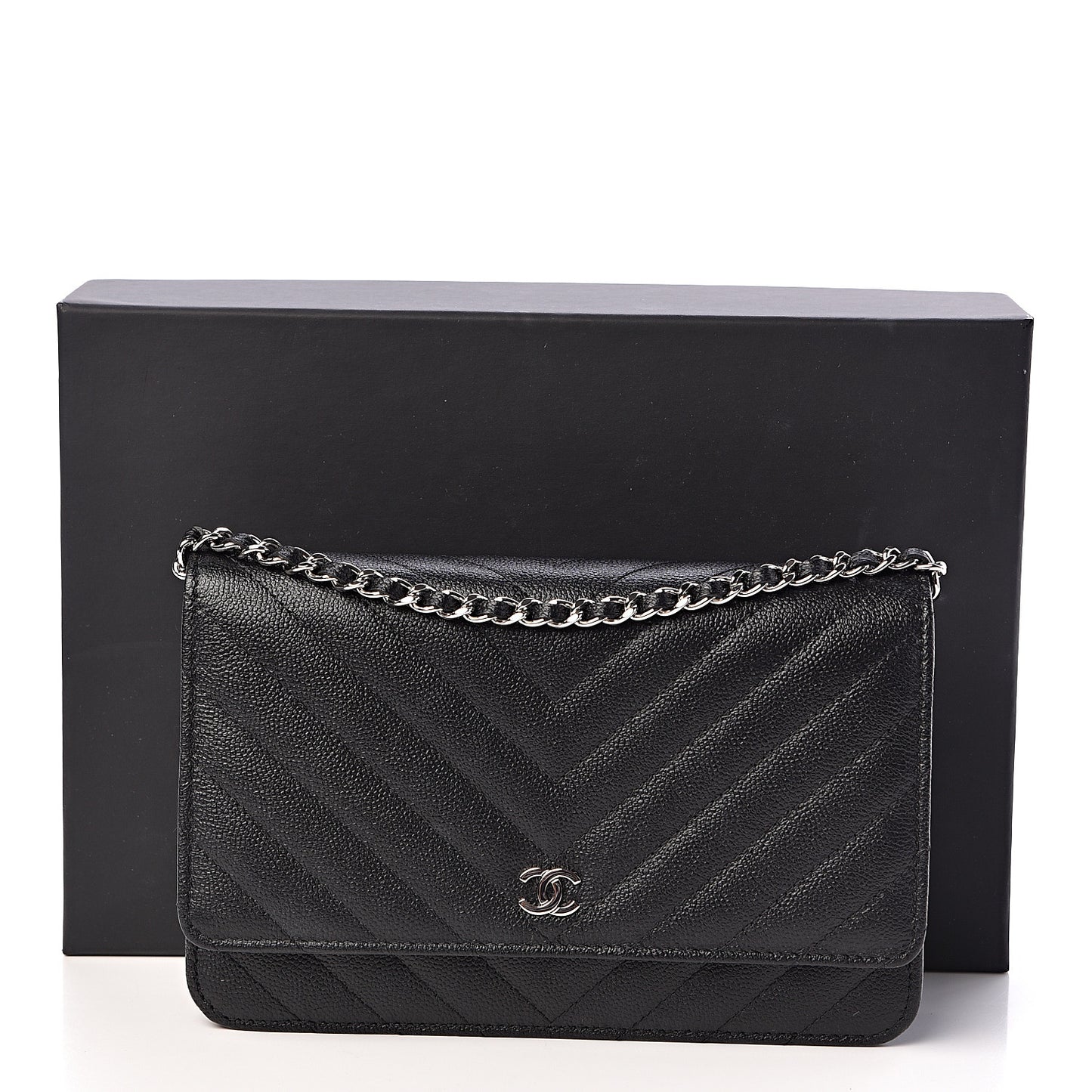 Caviar Chevron Quilted Wallet On Chain WOC Black
