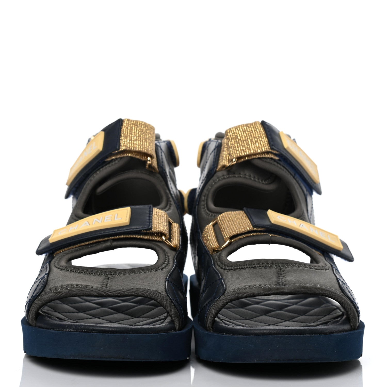 Chanel Goatskin Fabric Gladiator Sandals 38 Navy Blue Light Grey Yellow 2 of 8