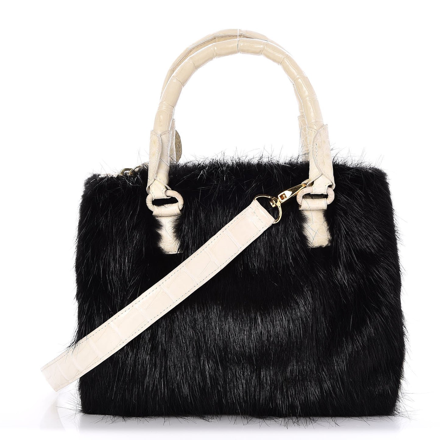 Mink Crocodile Executive Double Zip Crossbody Tote Black White