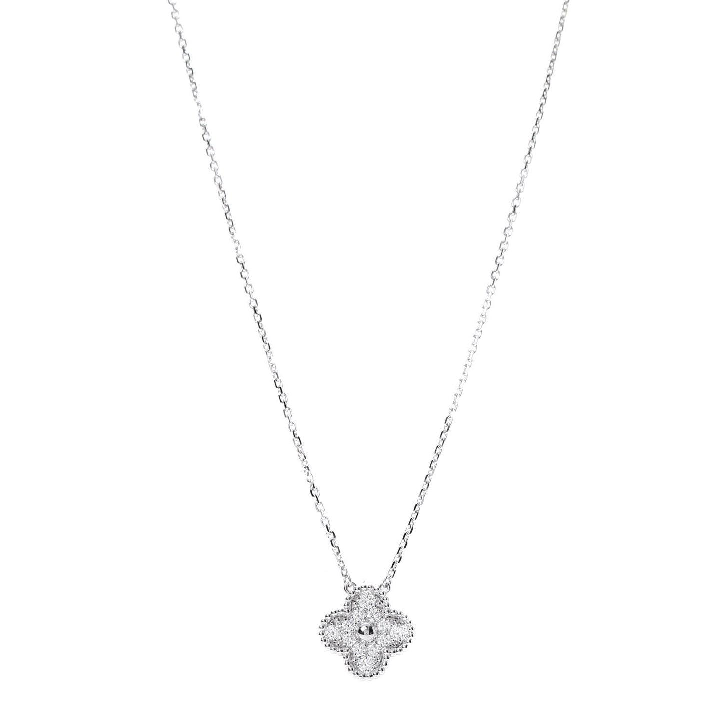 18K White Gold Diamond Vintage Alhambra Pendant Necklace