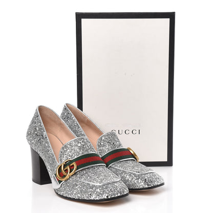 Gucci Glitter Nappa Web Peyton 75mm Loafer Pumps 39 Argento 10 of 10