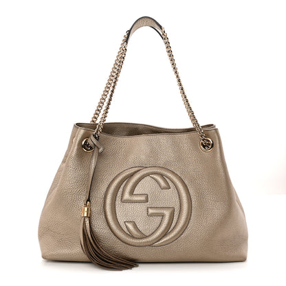 Gucci Metallic Pebbled Calfskin Medium Soho Chain Shoulder Bag Golden Beige 1 of 13