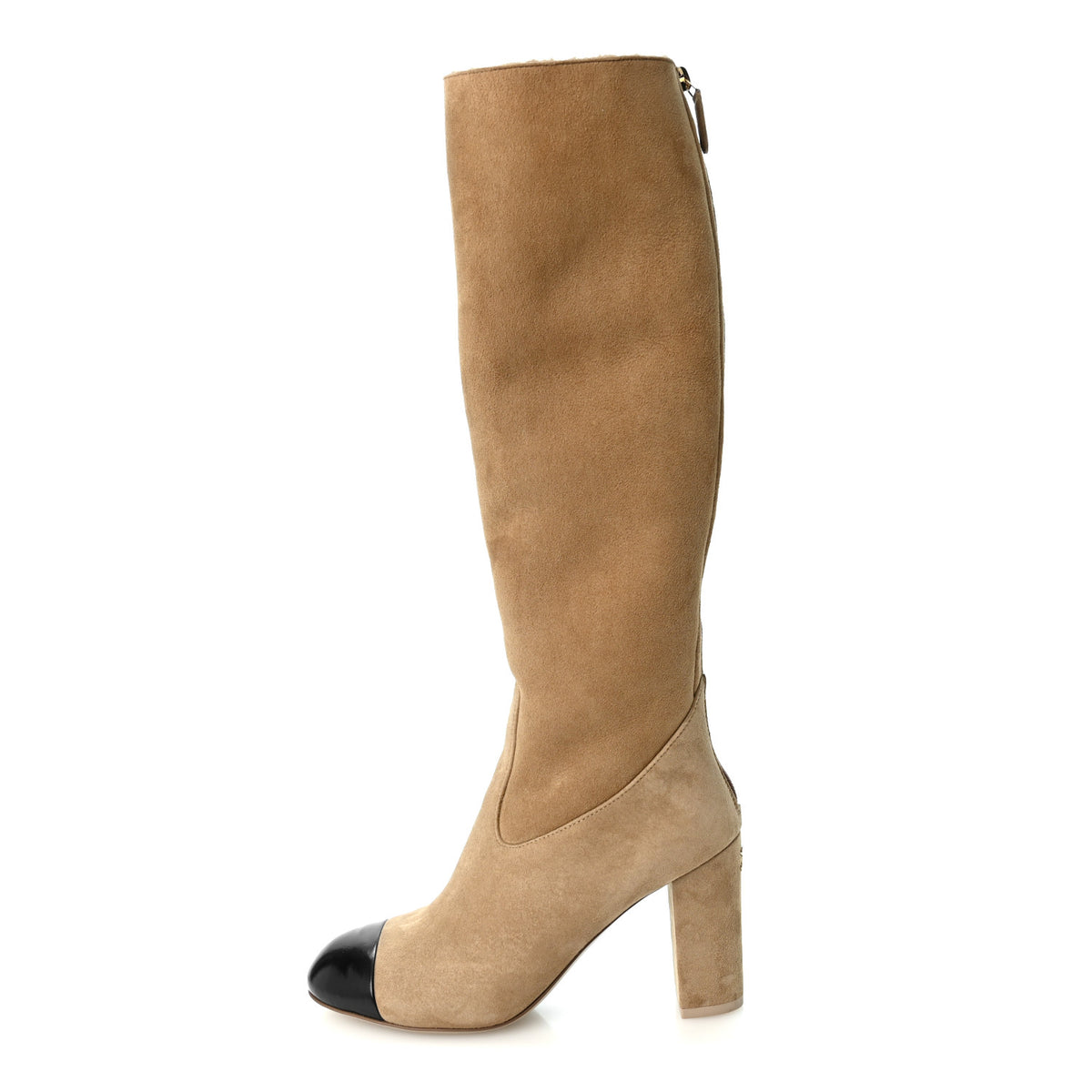 Chanel Suede Lambskin Shiny Calfskin Sherpa CC High Boots 38 Light Beige Black 1 of 9