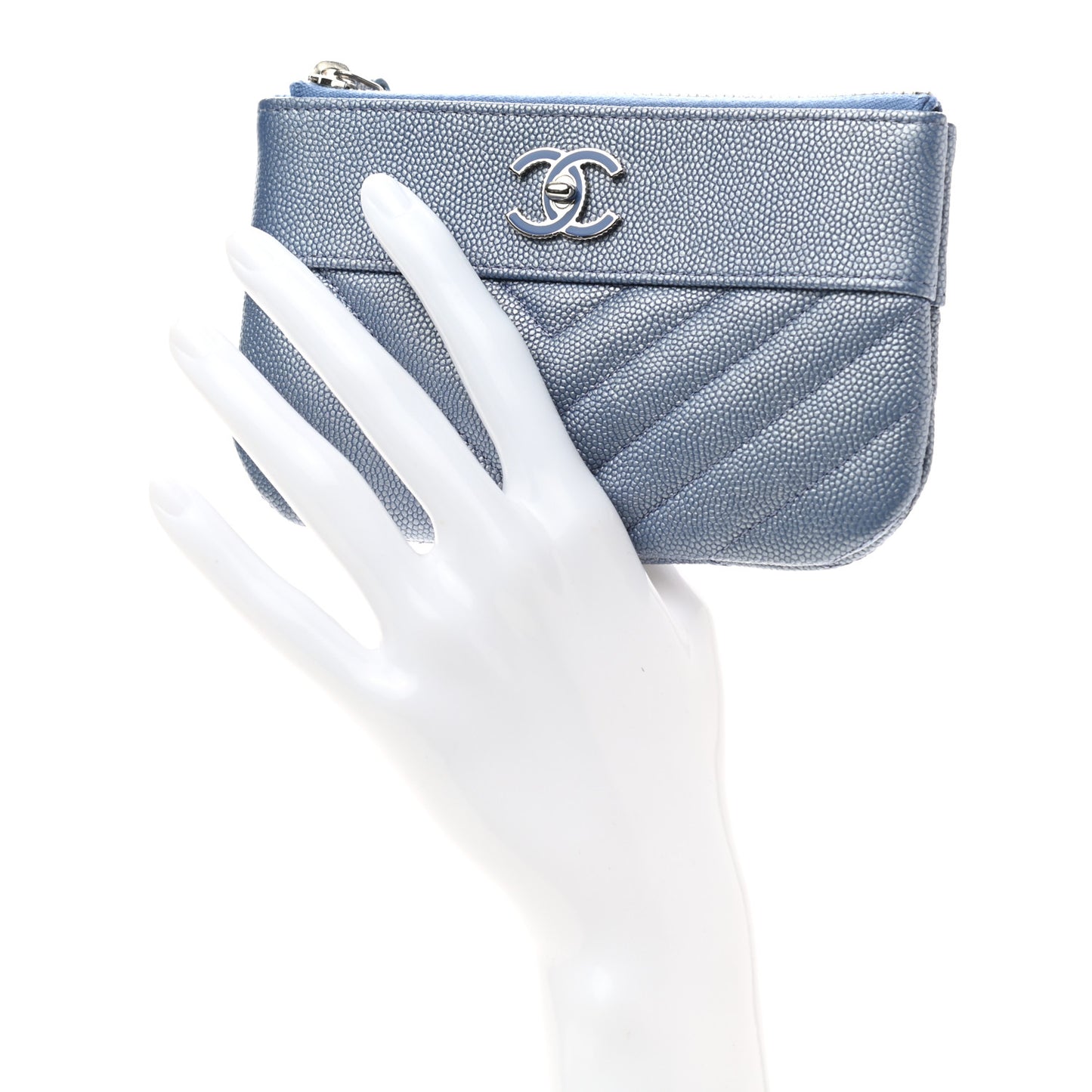 Metallic Caviar Chevron Quilted Small Vintage Mademoiselle Cosmetic Case Blue