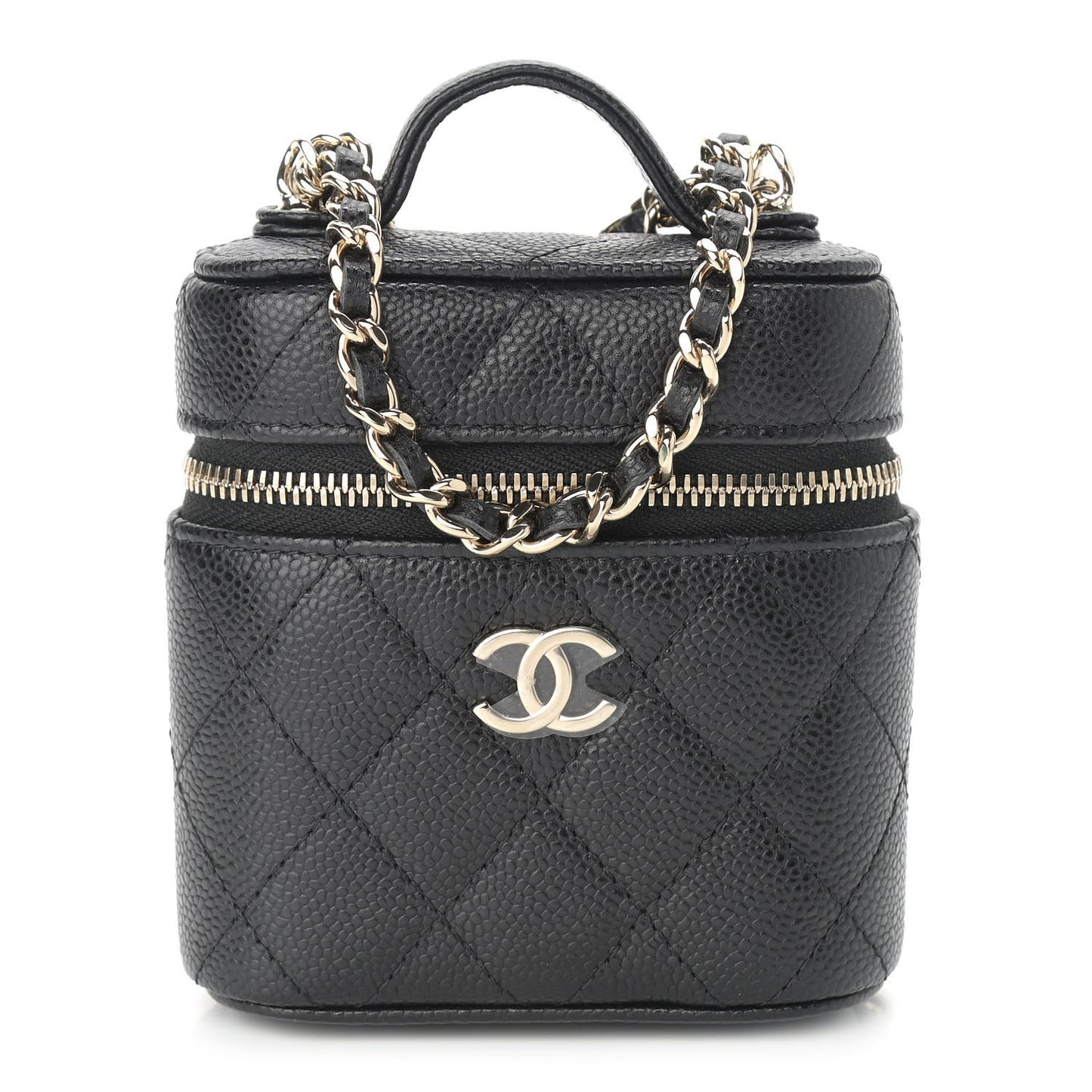 Caviar Quilted Small Handle With Care Vanity Case With Chain Black