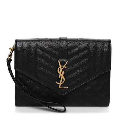 Saint Laurent Grain De Poudre Textured Mixed Matelasse Triquilt Monogram Clutch Black 1 of 8
